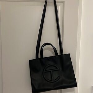 Telfar Medium Black Tote Bag with Embossed Logo and Shoulder Strap